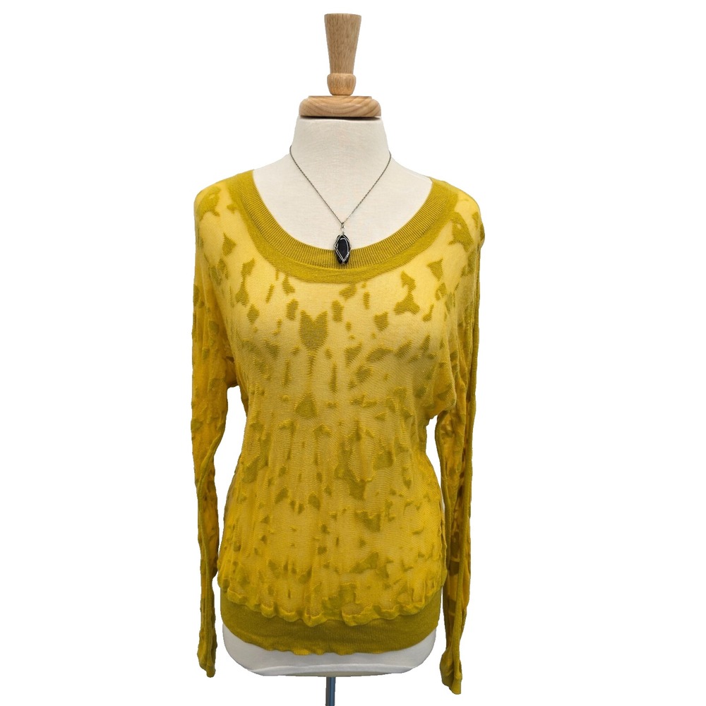 Cabi Womens L Yellow Burnout Sheer‎ Lightweight Textured Knit Long Sleeve Top